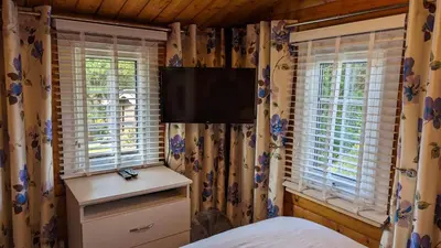 a bedroom with a bed and a television and windows at Snowdonia Log cabin in Trawsfynydd