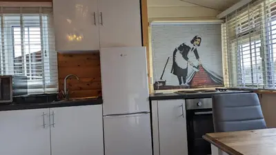 a kitchen with a refrigerator and a painting on the wall at Snowdonia Log cabin in Trawsfynydd