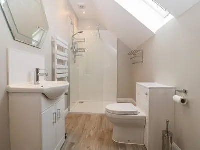 a bathroom with a toilet and a sink and a shower at 1 Crud Y Mor in Barmouth