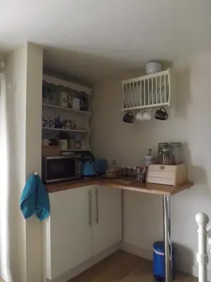 a small kitchen with a counter and a microwave at The Swallows Guest House in New Quay