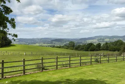 a wooden fence in a field with green grass at Wassell Barn in Craven Arms