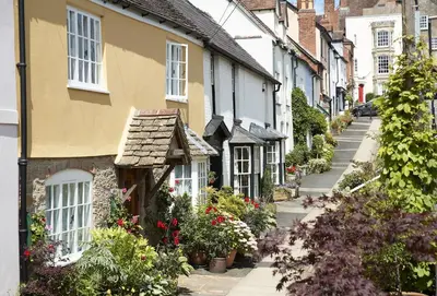 a street of houses with flowers and plants at Cobbler's Cottage in Pembridge