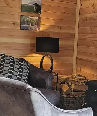 a living room with a couch and a flat screen tv at Wye Valley Cabin in Upper Welson