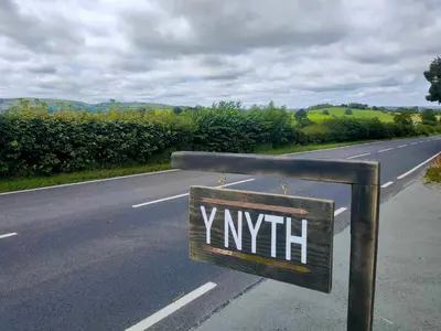 a sign on the side of a road at Y Nyth in Newtown