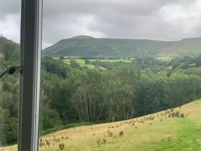 a view from a window of a field with trees at The Living Energy Holidays in Velindre