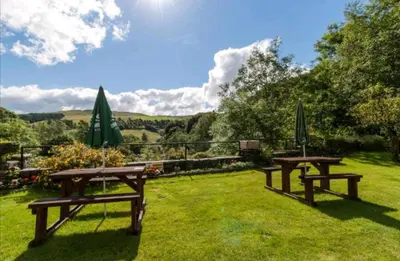 two picnic tables with umbrellas in the grass at The George Borrow Hotel in Ponterwyd