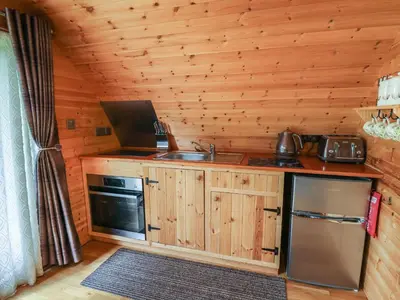 a kitchen with a sink and a stove in a cabin at Pine Lodge in Llangadog