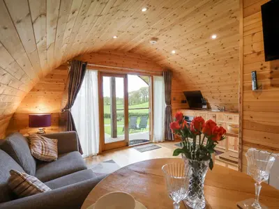 a living room with a couch and a table at Pine Lodge in Llangadog