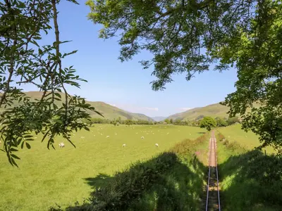 a field of sheep in a field with a train track at Bodnant in Tywyn