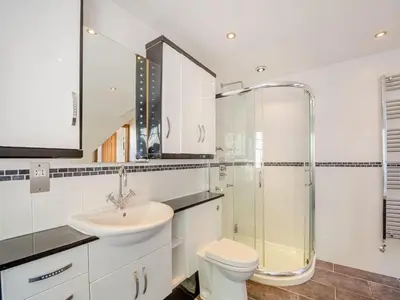 a bathroom with a sink and a toilet and a shower at Rockcliffe in Aberdyfi