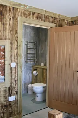 a bathroom with a toilet and a wooden door at The Moo-tel at Moody Meadows in Aberaeron