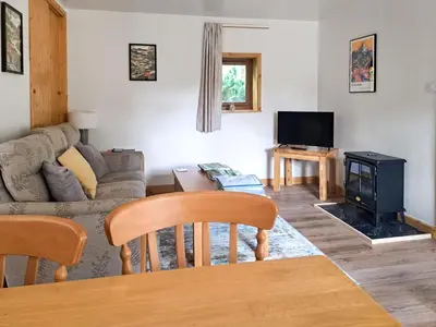 a living room with a couch and a stove at Garden Lodge in Llanvair Waterdine