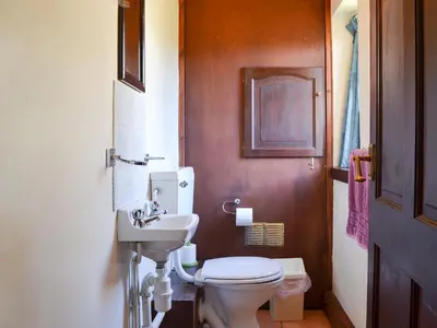 a small bathroom with a toilet and a sink at Dinhope Big Barn in Craven Arms