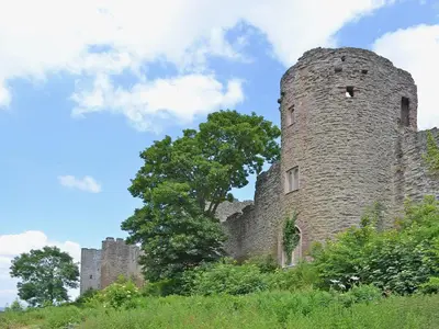 an old castle on a hill with a tree at Walnut Tree Cottage in Bucknell