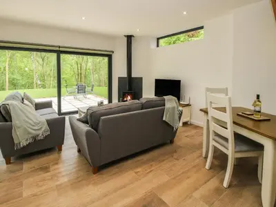 a living room with a couch and a table and a fireplace at The Larches in Bishops Castle