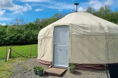 a large tent with a door in a field at Bronfelen Yurt in Cynghordy