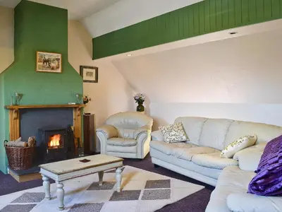 a living room with two couches and a fireplace at The Bailey in Glasbury