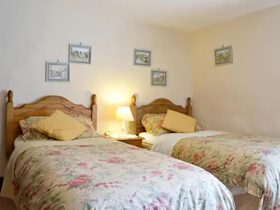 a bedroom with two beds and a lamp on a table at Forget Me Not Cottage in New Radnor