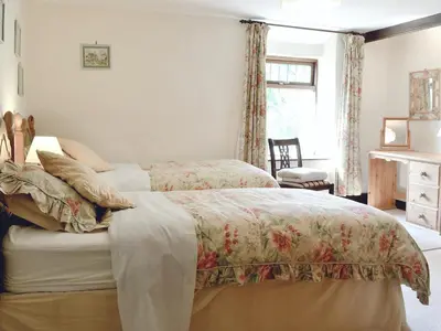 a bedroom with two beds and a window at Forget Me Not Cottage in New Radnor