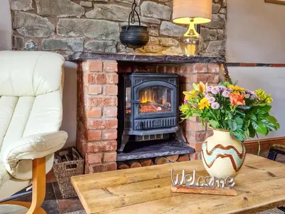 a living room with a fireplace and a table with flowers at Y Dderwen At Brynglas Farm in Llanfair Caereinion