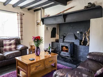 a living room with a fireplace and a couch and a table at Pen y Bont in Machynlleth