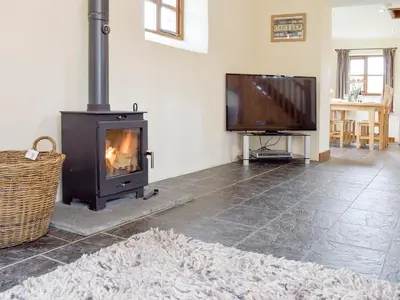 a living room with a fireplace and a flat screen tv at Bryncrwn Cottage in Rhyd-y-felin