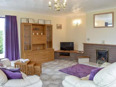 a living room with a fireplace and a tv at Bryneirin in Tal-gareg