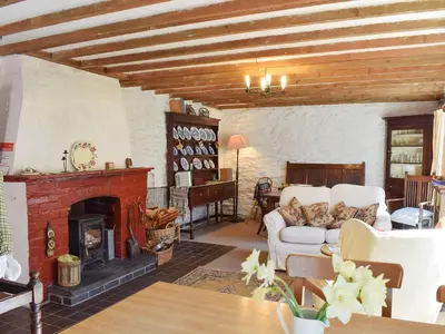 a living room with a fireplace and white furniture at The Glen in Devils Bridge