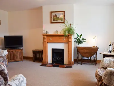 a living room with a fireplace and a tv at Marlais in Llangadog