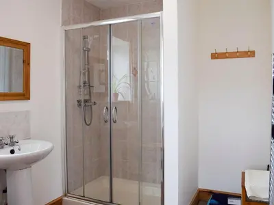 a bathroom with a shower and a sink at Marlais in Llangadog