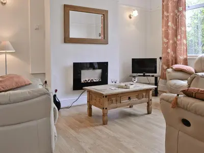a living room with a couch and a fireplace at Maesmor in Bala