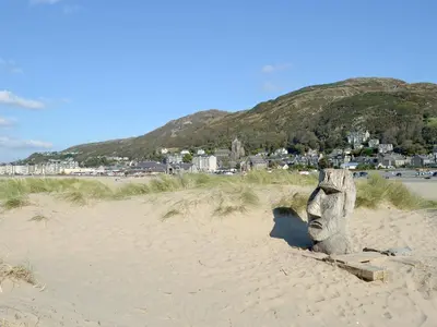 a sand sculpture of a face on a beach at Cae-Fadog Fach in Barmouth