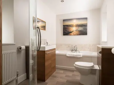 a bathroom with a toilet and a sink at Fron Dderw in Bala