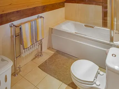 a bathroom with a toilet and a tub and a sink at The Loft At Callow Fold in Eaton