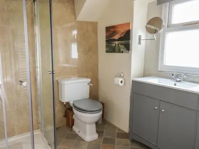 a bathroom with a toilet and a sink and a shower at Penarth in Llandrindod Wells