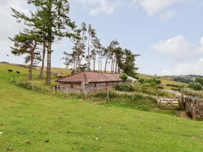a cabin in a field with a fence and trees at Y Caban in Llangollen