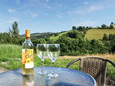 a bottle of wine sitting on a table with two glasses at Barcud Coch - Uk44539 in Hirnant