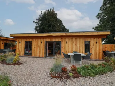 a wooden cabin with a table in a garden at Fioled in Welshpool