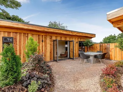 a wooden house with a patio and a table at Daffodil - Uk40266 in Llangadfan