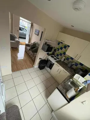 an aerial view of a kitchen and living room at Hill View Cottage in Bala