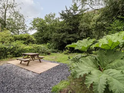 a picnic table in the middle of a garden at Chalet 2 in Machynlleth