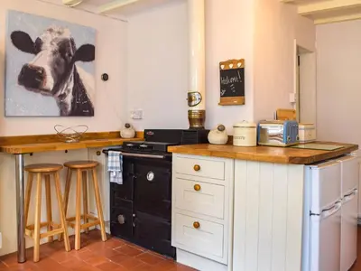 a kitchen with a stove and a cow painting on the wall at Penlan Cottage in Cwrt-newydd