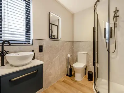 a bathroom with a sink and a toilet and a shower at The Lara - Uk45019 in Mochdre
