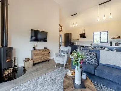a living room with a blue couch and a fireplace at The Lara - Uk45019 in Mochdre
