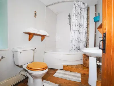 a bathroom with a toilet and a tub and a sink at Delfryn, Goginan in Aberystwyth