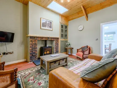 a living room with a couch and a fireplace at Maesyrhaf in Llanllwchaiarn