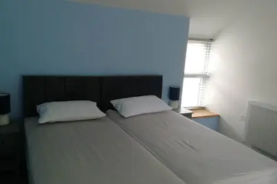 a bedroom with a large bed with two white pillows at The Old Coach House in Aberaeron