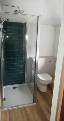 a bathroom with a glass shower with a toilet at The Old Coach House in Aberaeron