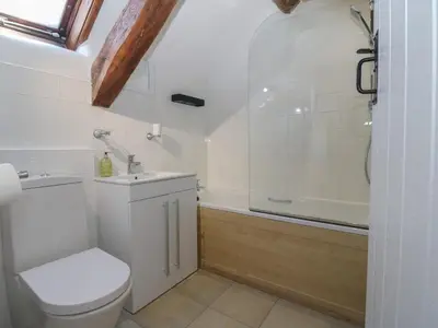 a bathroom with a toilet and a bath tub at Yr Ysgubor in Dyffryn