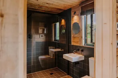 a bathroom with a sink and a toilet and a mirror at Woolly Wood Cabins - Bryn in Llandrindod Wells